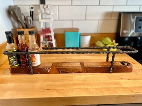 Hot Sauce Bottle Display Rack – Wood & Iron – Wall/Counter Organizer – Depth Options 2.5-5 in | Rustic Handmade Kitchen Shelf by FloraBroFurnishings