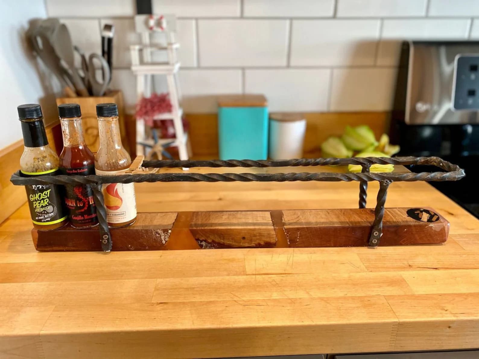 Hot Sauce Bottle Display Rack – Wood & Iron – Wall/Counter Organizer – Depth Options 2.5-5 in | Rustic Handmade Kitchen Shelf by FloraBroFurnishings